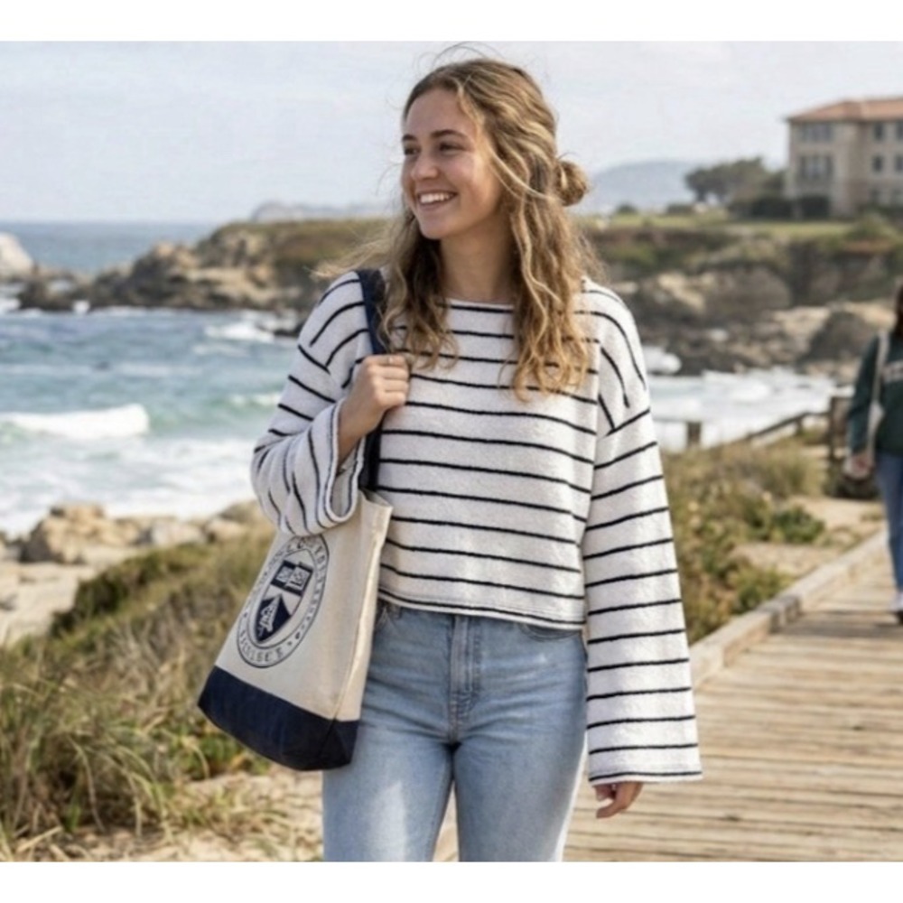 H & M Womens Striped Sweater Size Medium Cotton Blend Nautical Boat Neck White